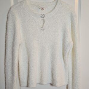 No Boundaries White Fuzzy Sweater with Heart Detail